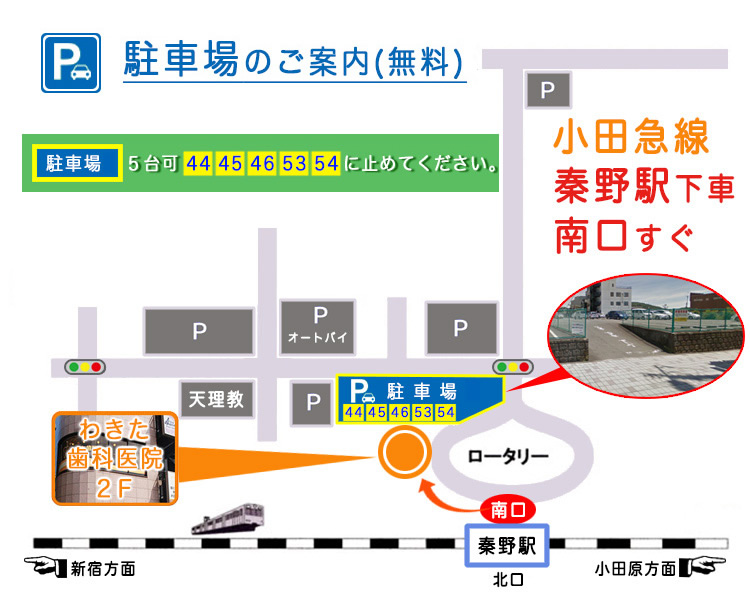 駐車場のご案内へ 秦野の歯科 わきた歯科医院 駐車場マップ